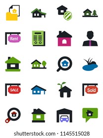 Color and black flat icon set - house vector, pond, contract, with garage, tree, estate document, sale, rent, sold signboard, search, agent, insurance, eco, home message