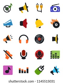 Color and black flat icon set - vinyl vector, flame disk, radio, speaker, loudspeaker, equalizer, microphone, headphones, rca, bell, mute, music, sound, advertising