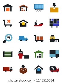 Color and black flat icon set - sea shipping vector, truck trailer, car delivery, port, container, consolidated cargo, warehouse storage, no trolley, package, search, moving