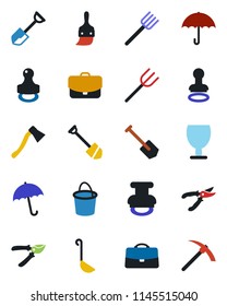 Color and black flat icon set - umbrella vector, stamp, job, shovel, farm fork, bucket, pruner, axe, fragile, themes, case, ladle, hard work