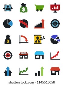 Color and black flat icon set - shop vector, growth statistic, money bag, crisis graph, store, pie, hr, target, arrow up, cart, presentation, storefront