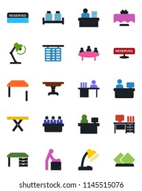 Color and black flat icon set - baby room vector, flight table, desk, meeting, manager place, picnic, lamp, restaurant, reserved, salt and pepper, serviette