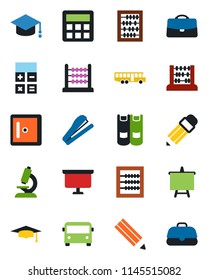 Color and black flat icon set - airport bus vector, checkroom, book, calculator, graduate, abacus, presentation board, microscope, case, pencil, stapler