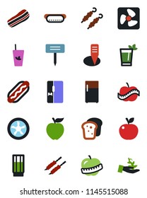 Color and black flat icon set - plant label vector, diet, fridge, drink, phyto bar, bacon, bread, kebab, hot dog, apple fruit, fan, palm sproute
