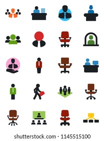Color and black flat icon set - reception vector, manager, office chair, place, client, desk, hierarchy, company, estate agent, group