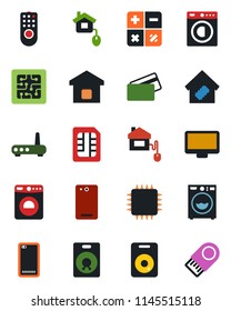 Color and black flat icon set - washer vector, calculator, monitor, speaker, phone back, sim, smart home, credit card, control, chip, remote, router, usb flash