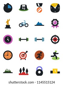 Color and black flat icon set - pedestal vector, medal, barbell, bike, run, heavy, clock, stopwatch, target, mountains