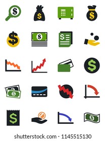 Color and black flat icon set - safe vector, dollar sign, money bag, crisis graph, cash, receipt, credit card, growth, search, investment