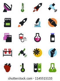 Color and black flat icon set - satellite antenna vector, book, blood test vial, dropper, microscope, ampoule, real heart, joint, virus, sd, thermometer, rocket, flask