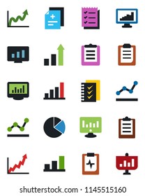 Color and black flat icon set - growth statistic vector, monitor, diagnosis, pulse clipboard, statistics, bar graph, pie, checklist, point, presentation