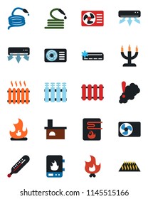Color and black flat icon set - fire vector, hose, fireplace, thermometer, heater, air conditioner, candle, water, smoke detector, radiator, warm floor