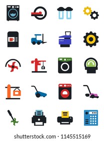 Color and black flat icon set - coffee machine vector, washer, fork loader, gear, ripper, lawn mower, tomography, printer, copier, crane, water filter, combination lock