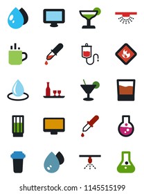 Color and black flat icon set - hot cup vector, water drop, dropper, flammable, monitor, alcohol, drink, cocktail, filter, sprinkler, flask