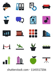 Color and black flat icon set - fence vector, arrival, growth statistic, monitor, document reload, seedling, dialog, menu, music, paper binder, estate, office building, cushioned furniture, waiter