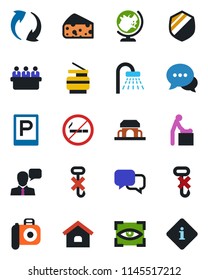 Color and black flat icon set - parking vector, no smoking, baby room, globe, shower, meeting, hook, shield, camera, dialog, speaker, update, copier, house, cafe building, cheese, eye scan