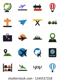 Color and black flat icon set - departure vector, arrival, suitcase, signpost, passport, globe, baggage larry, luggage storage, plane, picnic table, navigation, pin, mountains, paper, air balloon