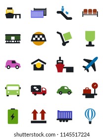 Color and black flat icon set - plane vector, taxi, airport bus, escalator, waiting area, luggage scales, truck trailer, cargo container, car delivery, sea port, fragile, warehouse storage, railroad