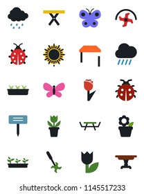 Color and black flat icon set - sun vector, flower in pot, ripper, butterfly, lady bug, seedling, rain, plant label, picnic table, tulip