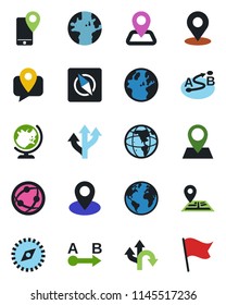 Color and black flat icon set - globe vector, route, navigation, earth, pin, mobile tracking, network, place tag, compass, flag
