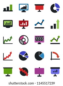 Color and black flat icon set - growth statistic vector, presentation board, crisis graph, circle chart, monitor pulse, statistics, bar, pie, point