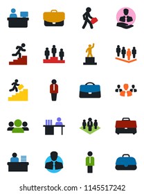 Color and black flat icon set - manager vector, pedestal, team, place, client, case, desk, career ladder, company, group