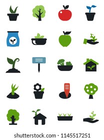 Color and black flat icon set - flower in pot vector, seedling, tree, sproute, plant label, fertilizer, fruit, salad, apple, eco house, palm