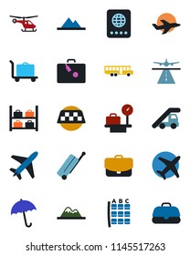 Color and black flat icon set - plane vector, runway, taxi, suitcase, baggage trolley, airport bus, umbrella, passport, ladder car, helicopter, seat map, luggage storage, scales, mountains, case