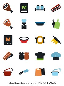 Color and black flat icon set - cook vector, cafe, hat, menu, bacon, salt and pepper, ham, bowl, rolling pin, cutting board, knife, steaming pan