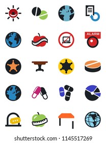 Color and black flat icon set - no laptop vector, ticket office, document reload, pills, diet, earth, pie graph, table, police, alarm led