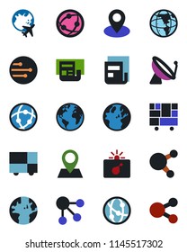 Color and black flat icon set - satellite antenna vector, bomb in case, plane globe, earth, pin, consolidated cargo, network, share, news, social media