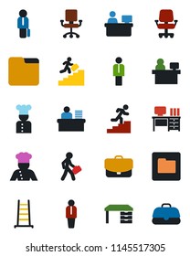 Color and black flat icon set - manager vector, desk, place, ladder, folder, career, cook, office chair, case