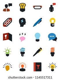 Color and black flat icon set - speaking man vector, pen, brainstorm, bulb, dialog, wine card, hot dog, energy saving, shining head, idea