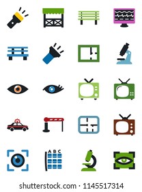 Color and black flat icon set - barrier vector, tv, alarm car, seat map, bench, monitor pulse, microscope, eye, torch, plan, alcove, scan