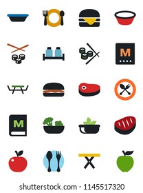 Color and black flat icon set - spoon and fork vector, picnic table, cafe, menu, salad, salt pepper, steak, hamburger, bowl, sushi, apple fruit