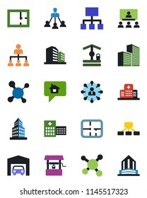 Color and black flat icon set - hierarchy vector, well, molecule, hospital, office building, garage, plan, home message