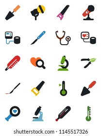 Color and black flat icon set - trowel vector, pruner, saw, stethoscope, blood pressure, thermometer, heart diagnostic, microscope, scalpel, microphone