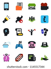 Color and black flat icon set - dispatcher vector, alarm clock, brainstorm, contract, pills, store, satellite, 24 hours, heavy, news, gamepad, video camera, cell phone, torch, document folder