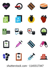 Color and black flat icon set - heart pulse vector, diagnosis, syringe, blood pressure, pills, blister, tomography, real, clipboard, hospital