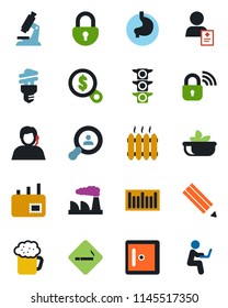 Color and black flat icon set - smoking place vector, checkroom, factory, microscope, stomach, patient, traffic light, support, barcode, lock, pencil, mail, client search, heater, beer, salad, money