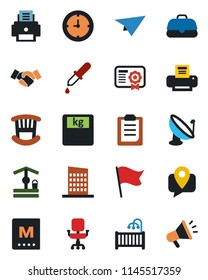 Color and black flat icon set - handshake vector, well, dropper, scales, mobile tracking, clock, satellite antenna, clipboard, office chair, printer, children room, city house, menu, flag, case