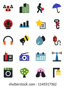 Color and black flat icon set - umbrella vector, team, calendar, dropper, lungs, no hook, sorting, microphone, radio, antenna, headphones, phone, favorites list, office building, manager, fruit tree