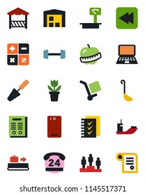 Color and black flat icon set - baggage conveyor vector, pedestal, calculator, notebook pc, flower in pot, trowel, barbell, diet, 24 hours, sea shipping, cargo, heavy scales, rewind, phone back