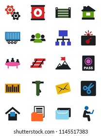 Color and black flat icon set - bomb in case vector, passport, tie, meeting, house, truck trailer, container, warehouse storage, oil barrel, barcode, cut, document folder, paper tray, mail, gear