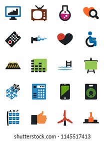Color and black flat icon set - boarding vector, seat map, presentation board, heart diagnostic, disabled, equalizer, cell phone, speaker, finger up, monitor statistics, pool, windmill, tv, flask