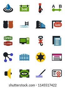 Color and black flat icon set - document vector, rake, no hook, route, tie, pool, fence, sold signboard, office building, salt and pepper, open close, pc, water, sound, eye scan, police, schedule