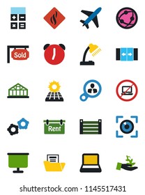 Color and black flat icon set - plane vector, automatic door, no laptop, gear, calculator, greenhouse, container, network, alarm, presentation board, document folder, desk lamp, notebook pc, rent