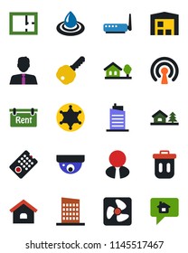 Color and black flat icon set - house vector, with tree, warehouse, plan, rent, estate agent, key, city, fan, remote control, wireless, router, water, police, trash bin, surveillance, home message