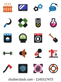 Color and black flat icon set - gear vector, job, hose, sickle, axe, patch, tomography, barbell, microphone, speaker, tv, remote control, fingerprint id, washer, heater, crane, flask
