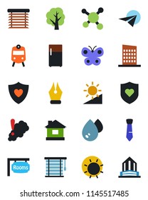 Color and black flat icon set - train vector, tree, butterfly, house, sun, heart shield, molecule, brightness, ink pen, tie, rooms, city, water, smoke detector, jalousie, fridge, paper plane