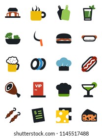 Color and black flat icon set - sickle vector, cook hat, cocktail, phyto bar, coffee, beer, salad, plates, cafe building, vip zone, restaurant receipt, kebab, ham, hamburger, hot dog, cutting board